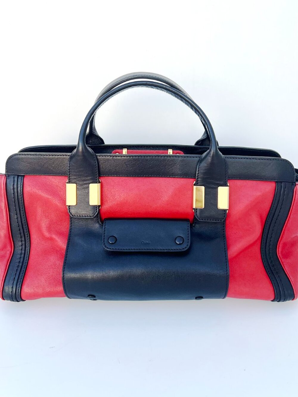 Authentic CHLOÉ Alice Colorblock Red Black Leather Satchel Tote Bag